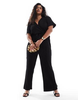 Vero Moda Curve Vero Moda Curve plisse wrap front jumpsuit in black