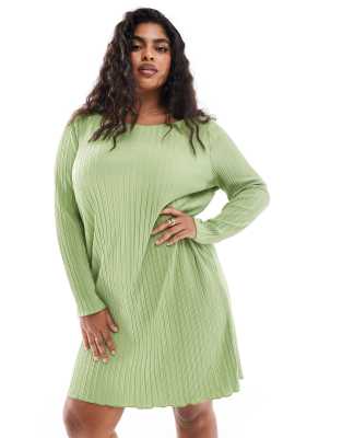 Vero Moda Curve - Plissee-Minikleid in Mittelgrün mit ausgestellten Ärmeln