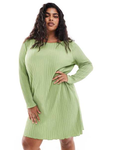 Vero Moda Curve – Plissee-Minikleid in Mittelgrün mit ausgestellten Ärmeln - view 1