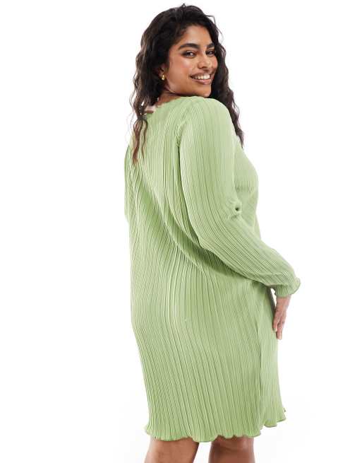 Vero Moda Curve – Plissee-Minikleid in Mittelgrün mit ausgestellten Ärmeln, 3 von 4