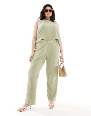 Vero Moda Curve - Plissierte Hose in Khaki mit weitem Schnitt, Kombiteil-Grün