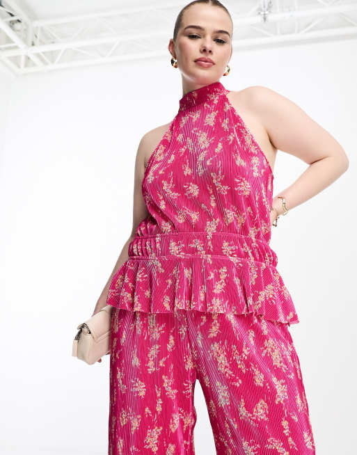 Vero Moda Curve – Geblümtes rosa Set aus plissiertem Neckholder-Oberteil und Hose mit weitem Bein, 2 von 2