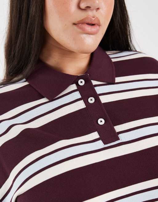 Vero Moda Curve - Polo stile rugby bordeaux e blu tenue con stampa a righe, 4 di 4