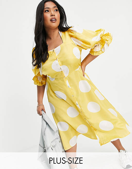 Vero Moda Curve puff sleeve midi dress in yellow oversized spot print