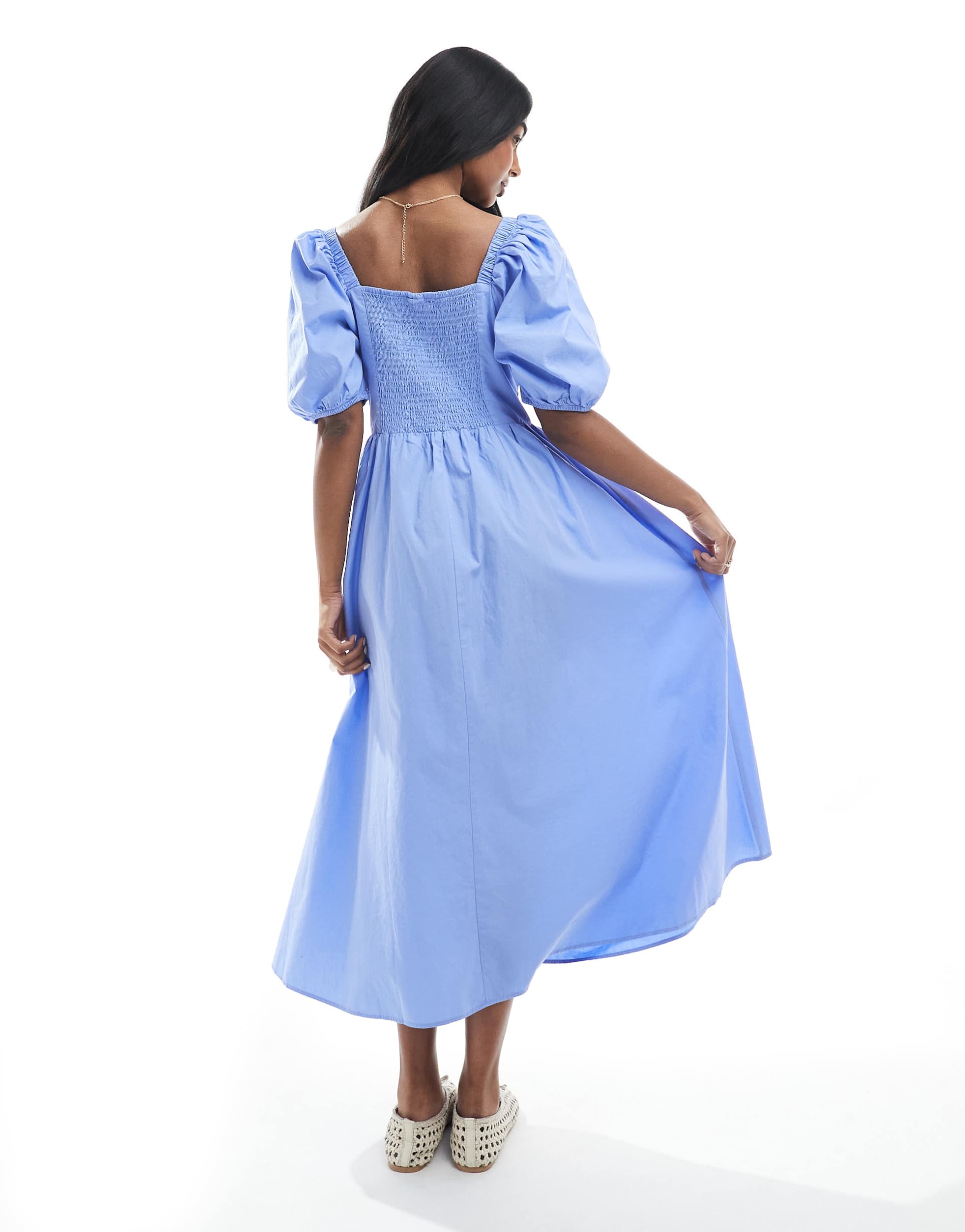 vero moda curve puff sleeve milkmaid style midi dress in blue
