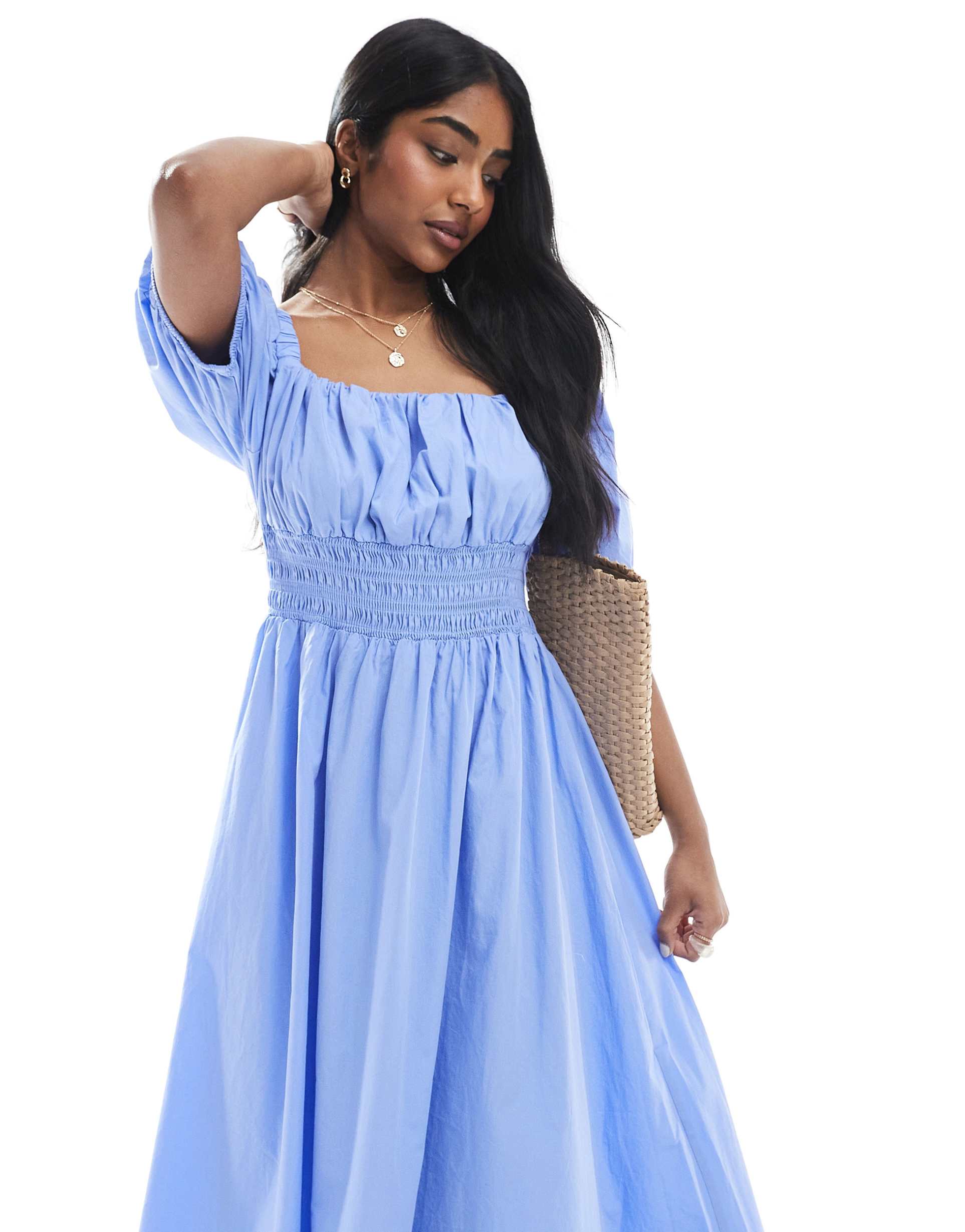vero moda curve puff sleeve milkmaid style midi dress in blue