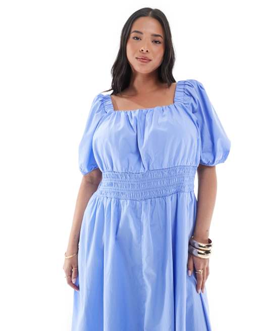Vero Moda Curve puff sleeve milkmaid style midi dress in blue, 2 of 4