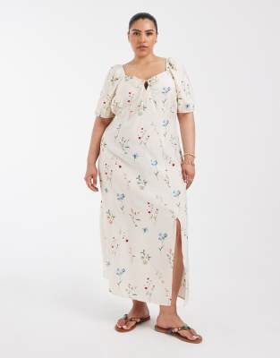Vero Moda Curve puff sleeve tie front detail maxi dress in cream floral print birch bina 12590₽