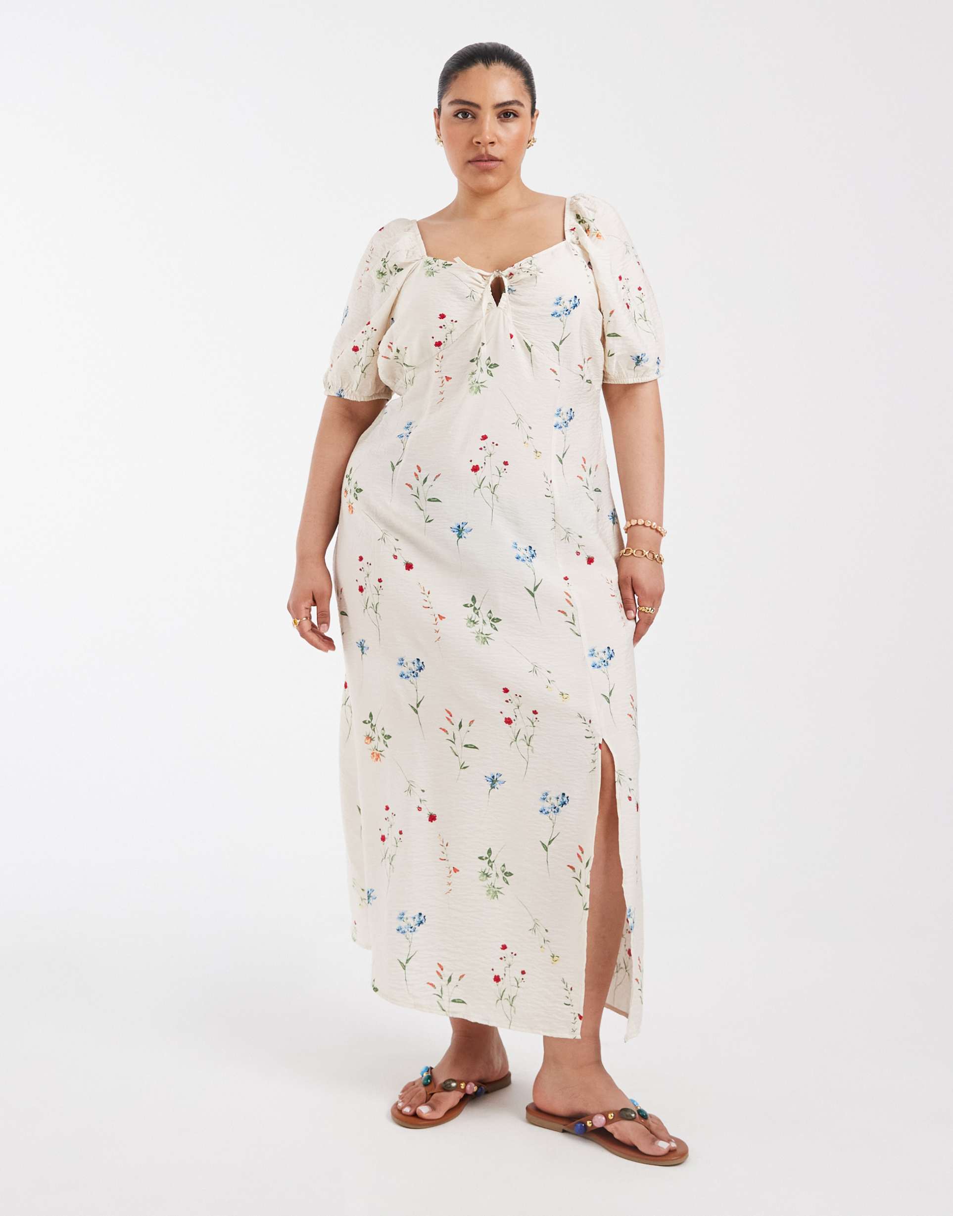 vero moda curve puff sleeve tie front detail maxi dress in cream floral print