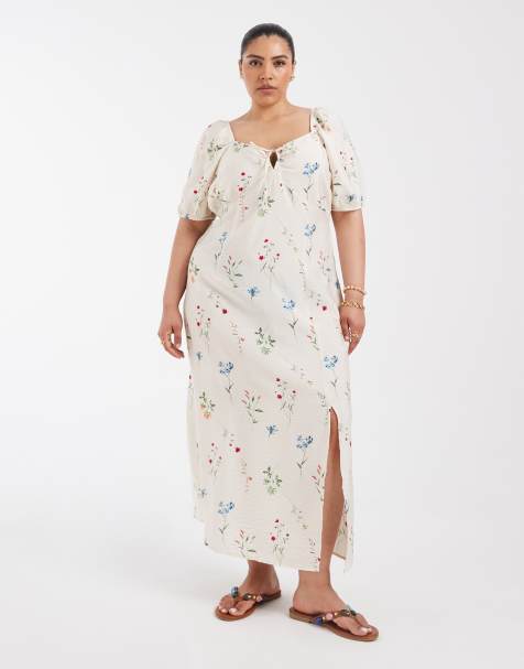 Vero Moda Curve puff sleeve tie front detail maxi dress in cream floral print