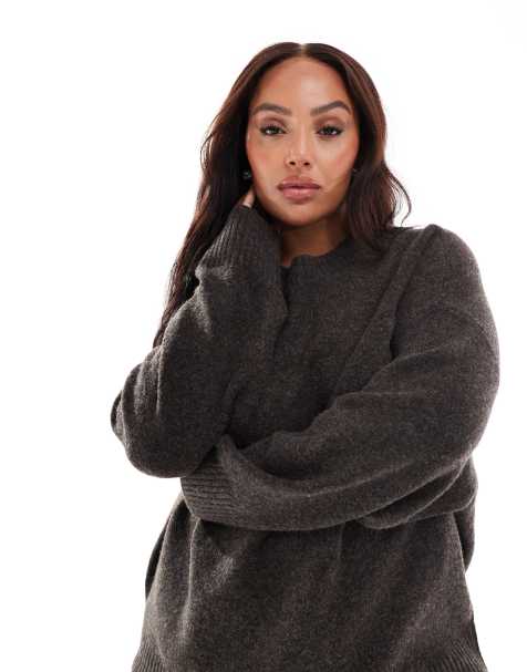 Vero Moda Curve - Pull oversize en maille douce avec col rond - Chocolat chiné - view 1