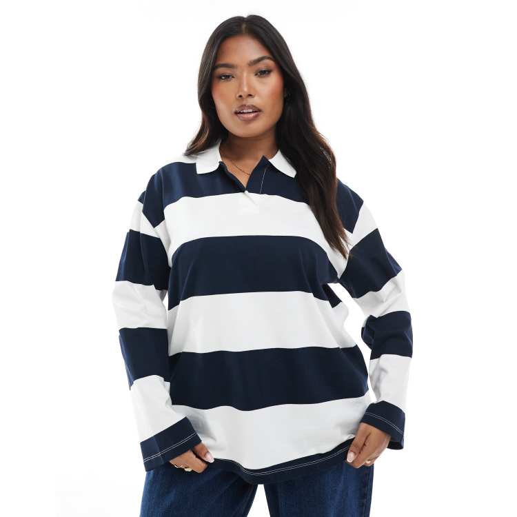 Vero Moda Curve relaxed fit rugby top in navy and white stripe | ASOS