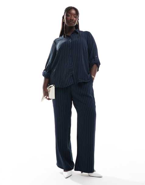 Vero Moda Curve relaxed fit shirt and wide leg trouser co-ord set in navy pinstripe - view 1