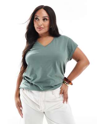 Vero Moda Curve Vero Moda Curve relaxed oversized v neck t-shirt in khaki-Green