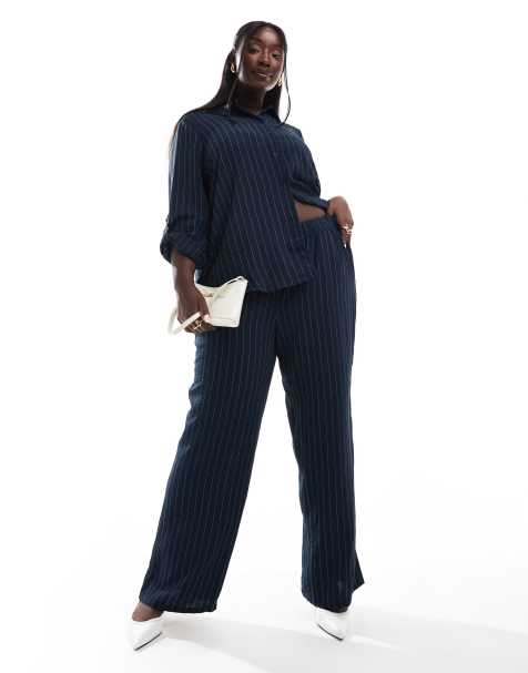 Vero Moda Curve relaxed pants in navy pinstripe - part of a set - view 1