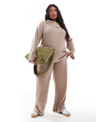 ribbed jersey wide leg pants in beige - part of a set-Neutral