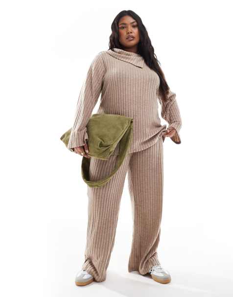 Vero Moda Curve ribbed jersey wide leg trouser co-ord in beige - view 1