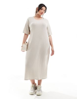 Vero Moda Curve Ribbed Knit Midi Dress In Cream-white