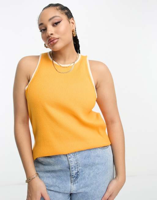 Vero Moda Curve ribbed knit racer neck singlet top in orange with cream tipping