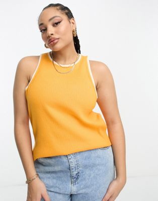 Vero Moda Curve ribbed knit racer neck vest top in orange with cream tipping