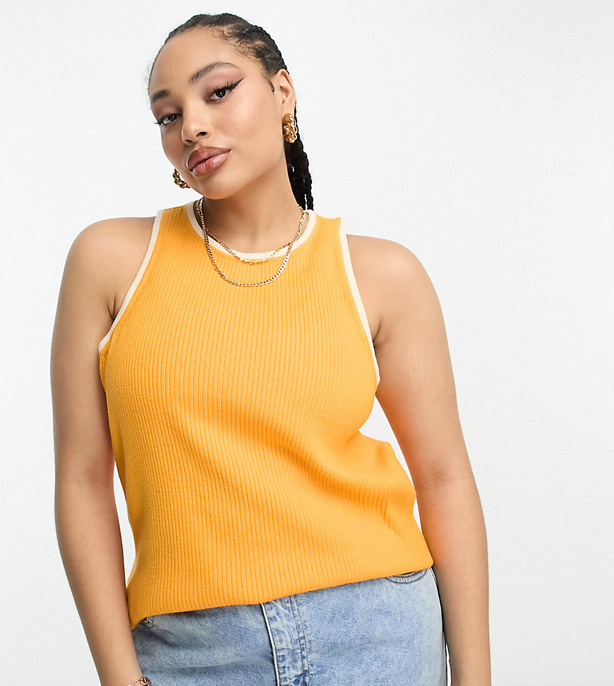Vero Moda Curve ribbed knit racer neck vest top in orange with cream tipping