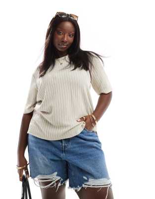 Vero Moda Curve Vero Moda Curve ribbed knit t-shirt co-ord in cream-White