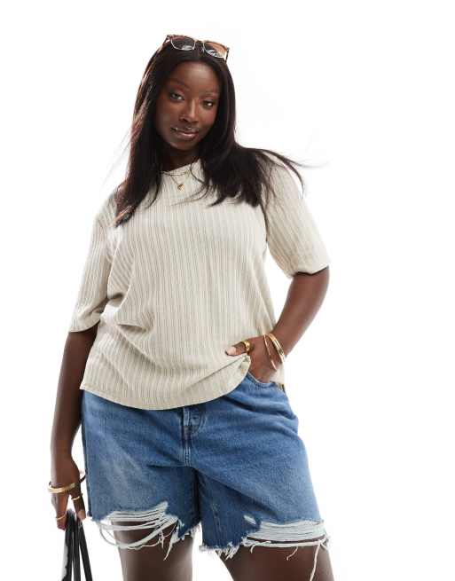 Vero Moda Curve ribbed knit t-shirt co-ord in cream