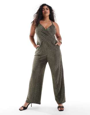 Vero Moda Curve - Riemchen-Jumpsuit in Schwarz und glitzernder Goldoptik mit weitem Bein