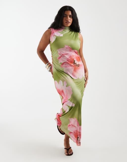 Vero Moda Curve - Ærmeløs maxikjole med rynkede detaljer og stort blomstermønster, 2 af 4