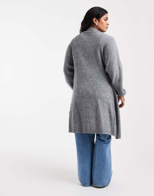 Vero Moda Curve robe courte en maille à boutons sur le devant et manches ballon gris moyen chiné, 4 de 4