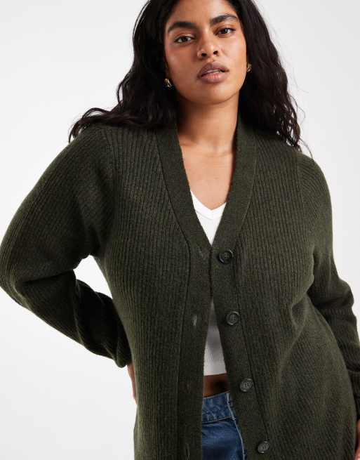 Vero Moda Curve robe courte en maille à boutons sur le devant et manches ballon, vert foncé chiné, 3 de 4