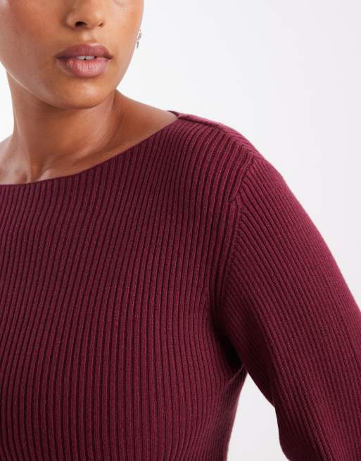 Vero Moda Curve robe courte en maille à manches longues et col bateau bordeaux, 3 de 4