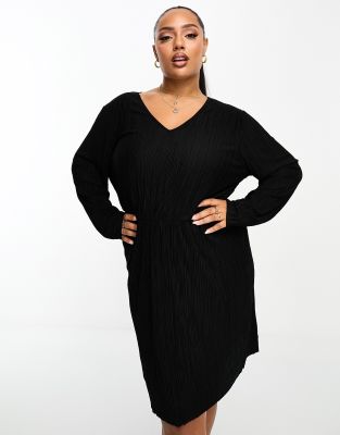 Vero Moda Curve plisse long sleeve mini dress in black  - ASOS Price Checker