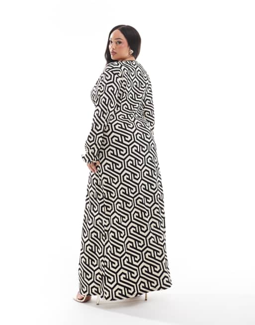 Vero Moda Curve - Robe longue à imprimé abstrait avec détail noué à l'avant - Noir/blanc, 4 de 4