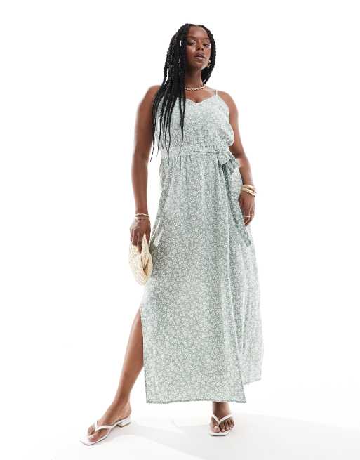 Vero Moda Curve - Robe longue à imprimé fleuri avec col en V et lien noué à la taille - Vert sauge