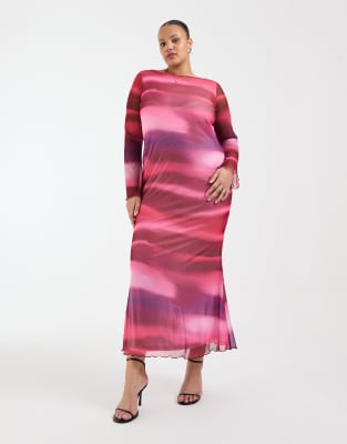 Robe longue en tulle à manches longues et imprimé abstrait - Rose M