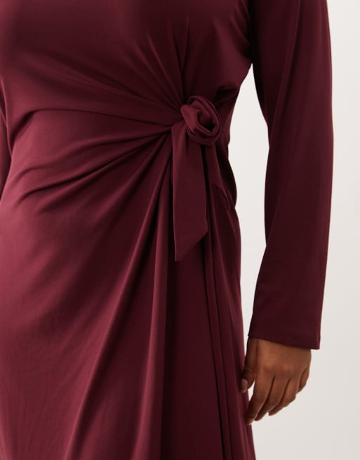 Vero Moda Curve robe mi-longue à manches longues avec détail noué bordeaux, 3 de 4
