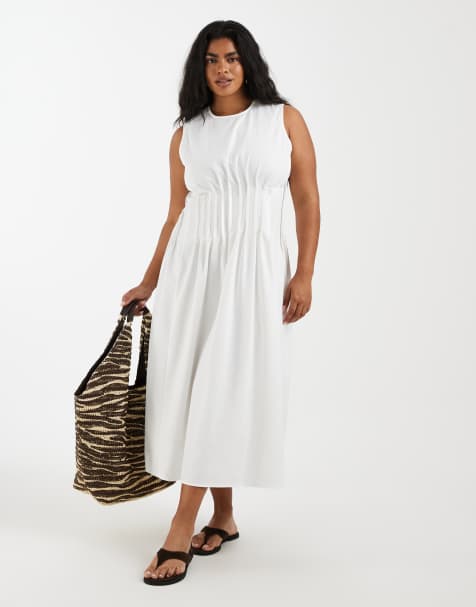 Vero Moda Curve - Robe mi-longue sans manches en popeline avec taille plissée - Blanc - view 1