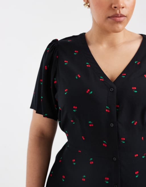 Vero Moda Curve - Robe patineuse courte et boutonnée à imprimé cerises - Noir, 3 de 4