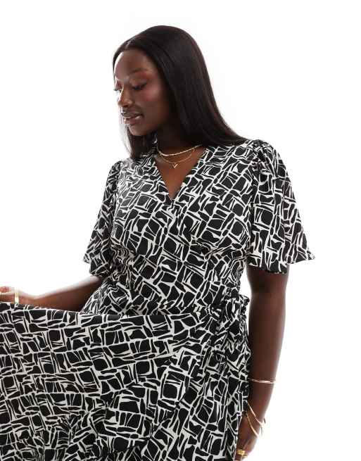 Vero Moda Curve - Robe portefeuille longue à imprimé abstrait - Noir, 2 de 4