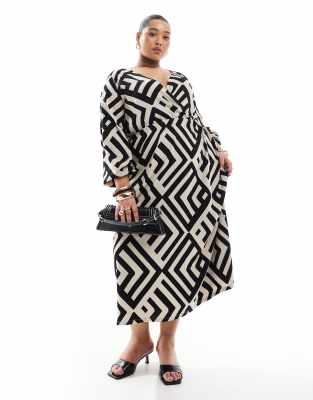 Vero Moda Curve - Robe portefeuille longueur cheville à imprimé abstrait - Noir/blanc - view 1