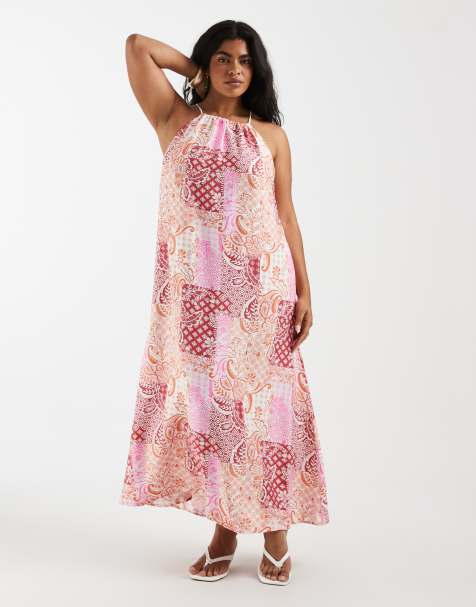 Vero Moda Curve - Robe trapèze mi-longue à col montant et imprimé cachemire effet patchwork - Rose - view 1