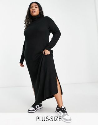Vero Moda Curve roll neck knitted maxi dress in black