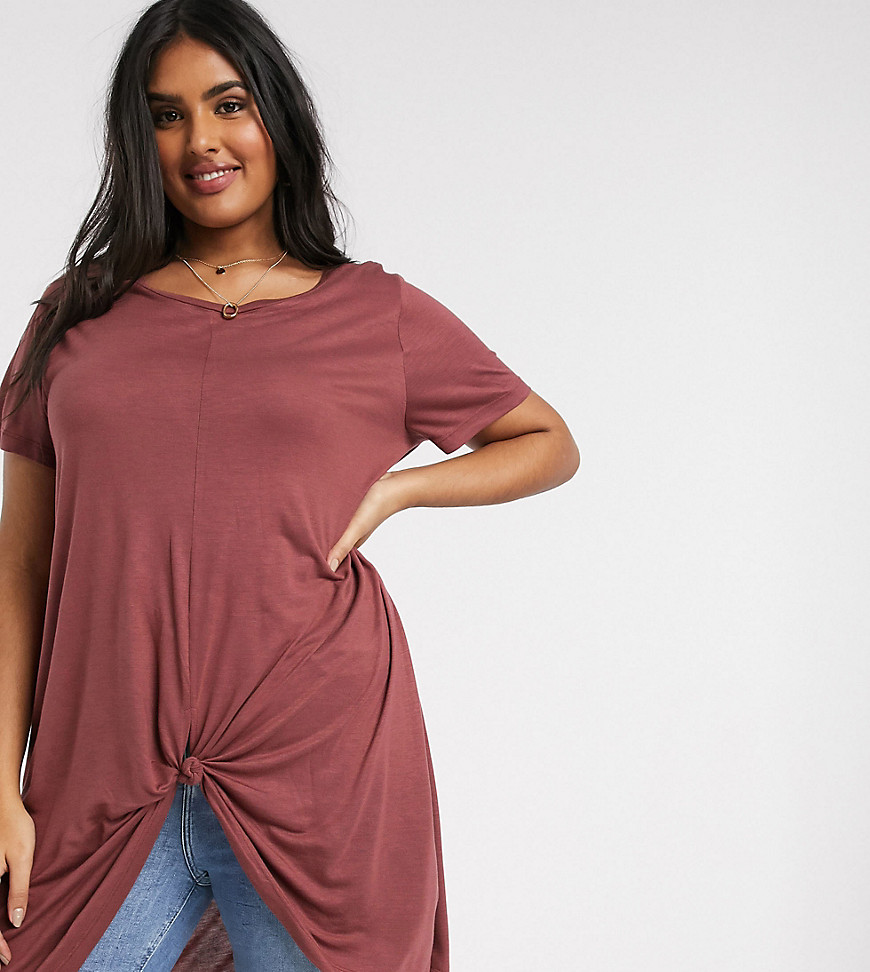 Vero Moda Curve – Rosenröd t-shirt i longline-modell med knutdetalj-Lila