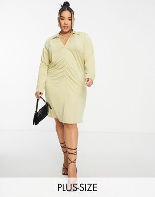 ruched front mini shirt dress in olive-Green