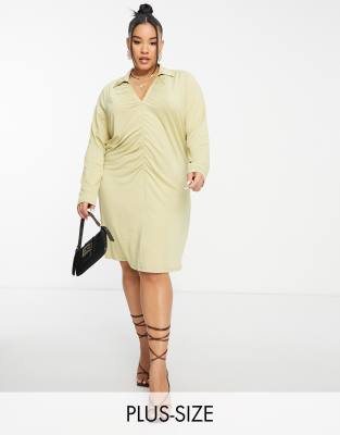 Vero Moda Curve Vero Moda Curve ruched front mini shirt dress in olive-Green