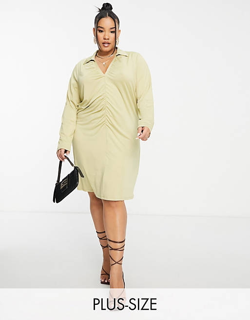 Vero Moda Curve ruched front mini shirt dress in olive