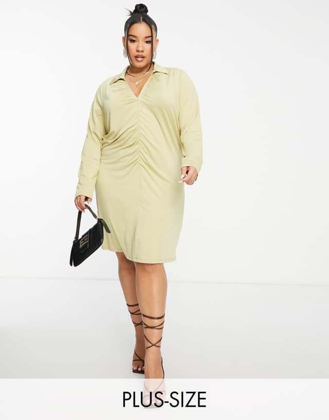 Vero Moda Curve ruched front mini shirt dress in olive