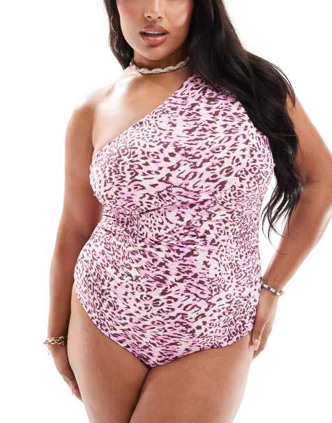 Vero Moda Curve ruched one shoulder swimsuit in pastel lavender leopard print - view 1