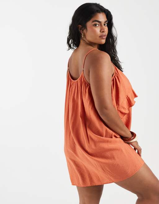 Vero Moda Curve ruffle trim cami mini dress in rust, 2 of 4